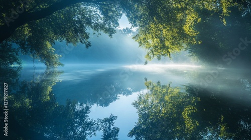 Misty morning lake, sun rays through trees reflected in calm water.