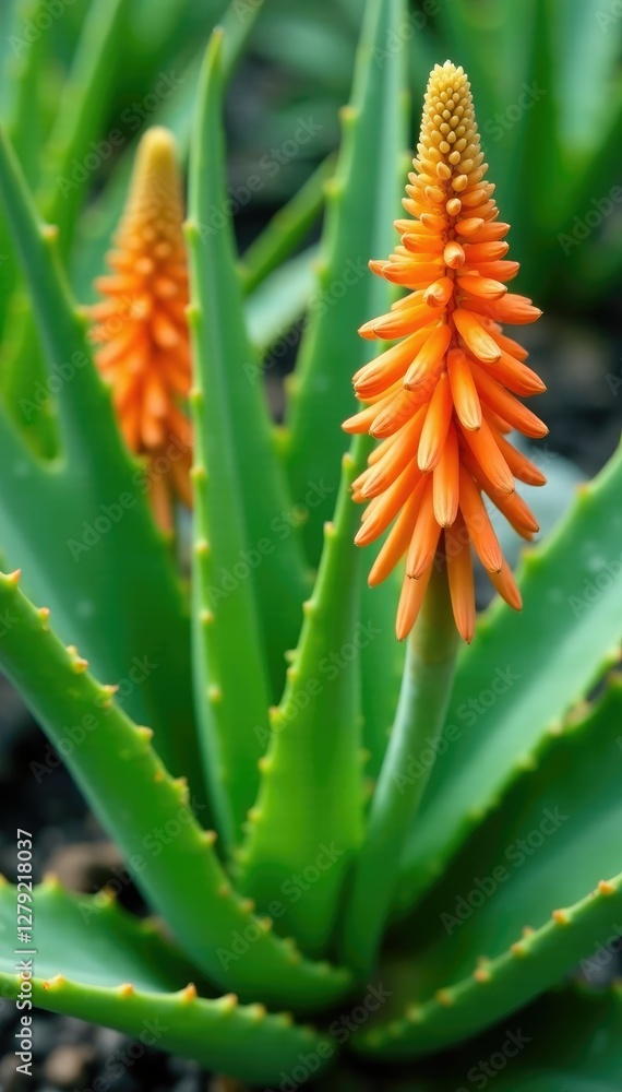 Aloe vera plant with bright green leaves and tall Orange Kniphofia flowers, greenery, kniphofia Aloe vera plant with bright green leaves and tall Orange Kniphofia flowers, greenery, kniphofia