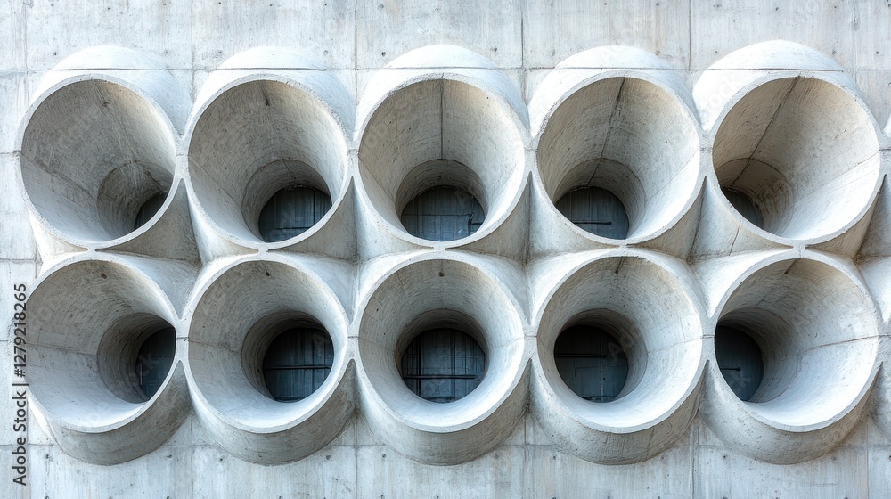 Concrete architectural facade with repeating circular vents Concrete architectural facade with repeating circular vents