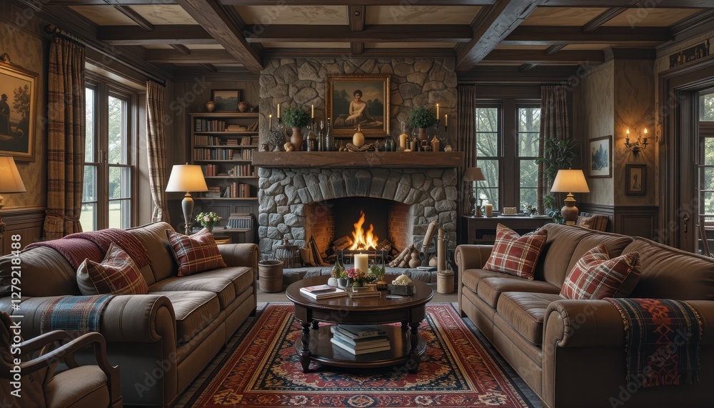 Cozy rustic living room with stone fireplace and plush seating Cozy rustic living room with stone fireplace and plush seating