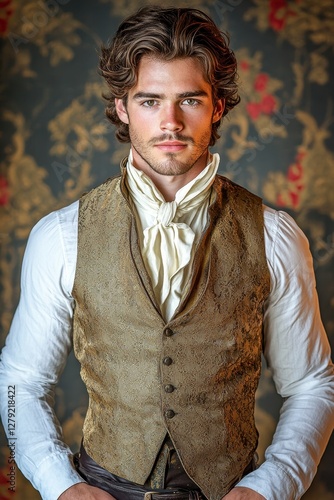Portrait of a Young Man in Gold Vest Against Dark Floral Background