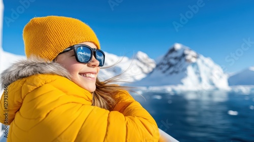 Glaciers gleam as a joyful girl enjoys her Antarctic adventure