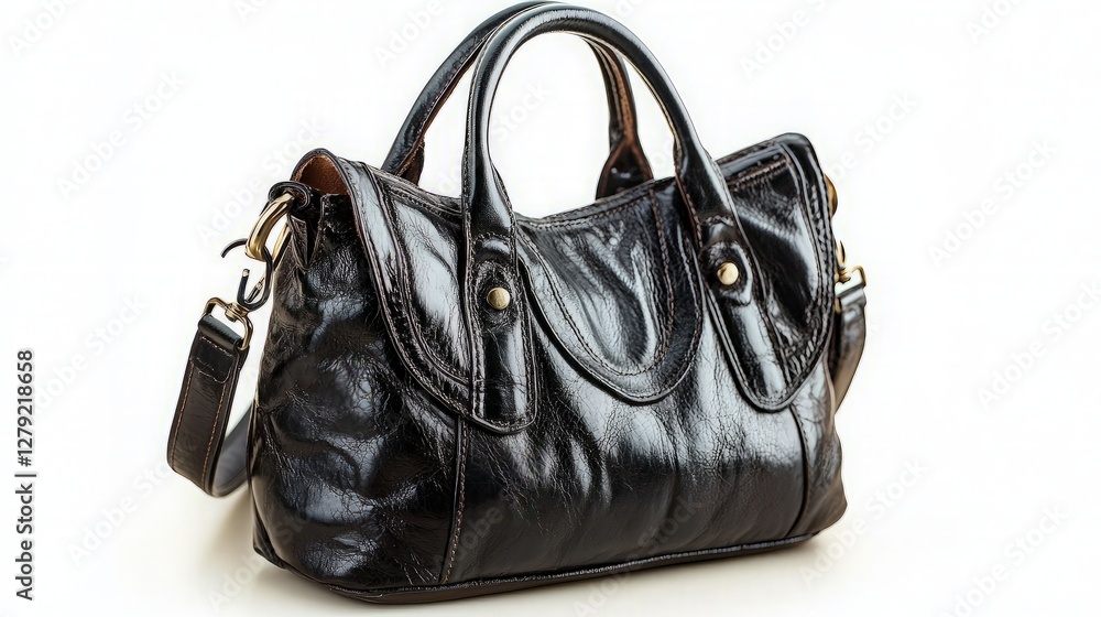 Naklejka premium Black Leather Handbag Against White Background. Possible use Fashion, Accessories