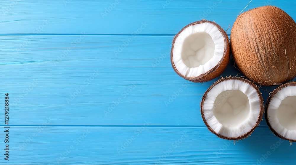 Fresh coconut halves on bright blue wooden table for summer vibes Fresh coconut halves on bright blue wooden table for summer vibes
