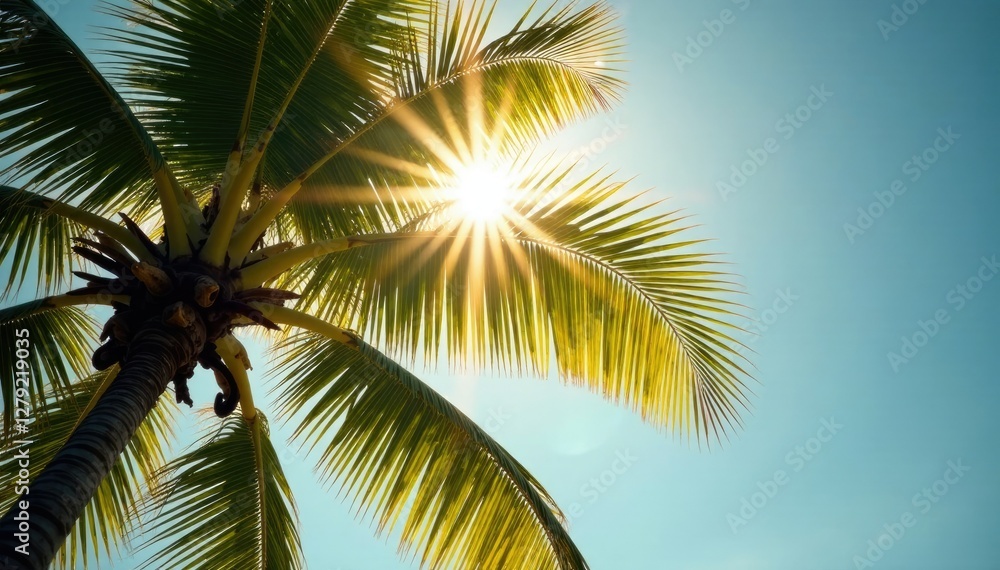 Fototapeta premium Coconut tree's tiny branches touching the sunbeams, coconut tree branches, natural world, rays