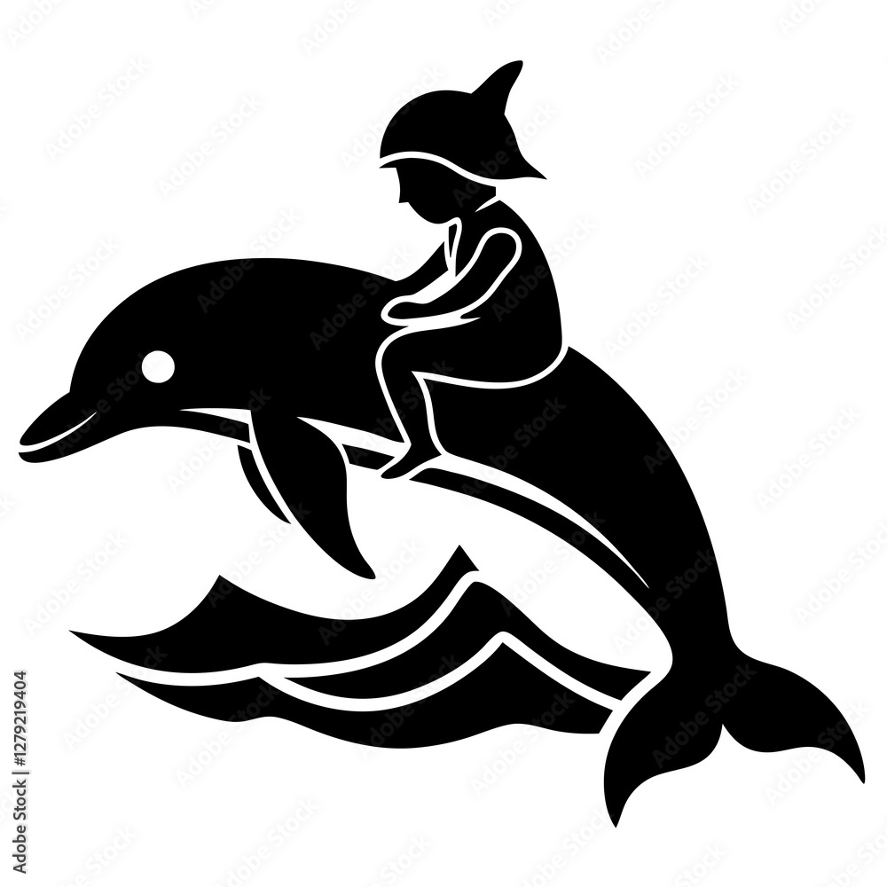 Fototapeta premium Silhouette vector of a child on the back of a dolphin