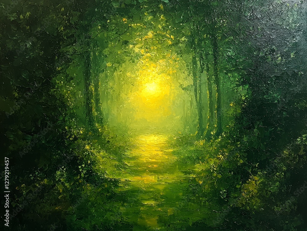 Fototapeta premium Serene nature pathway illuminated by soft light lush forest oil painting peaceful atmosphere close-up view