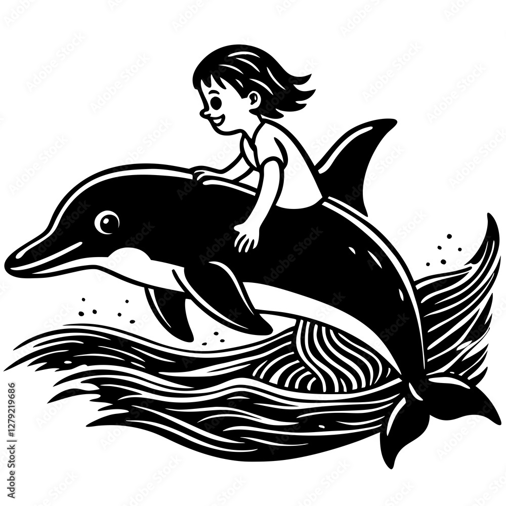 Fototapeta premium Silhouette vector of a child on the back of a dolphin