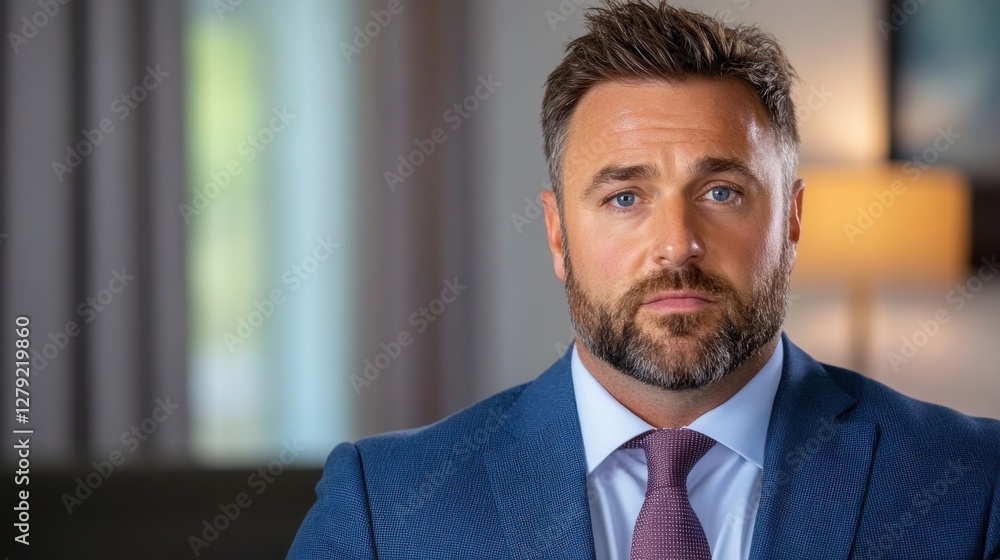 Portrait of a man with a beard wearing a blue suit and purple tie, set against a blurred indoor background. Natural lighting illuminates his serious Portrait of a man with a beard wearing a blue suit and purple tie, set against a blurred indoor background. Natural lighting illuminates his serious