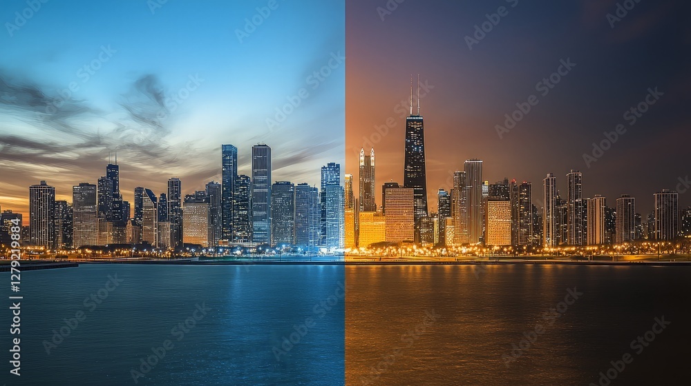 Obraz premium Chicago Skyline Day to Night Transition
