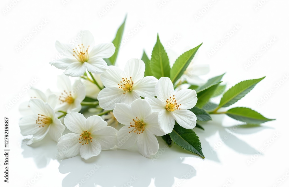 Close-up of jasmine flowers isolated on white. Elegant white petals, green leaves bouquet. Aromatherapy spa ingredient, herbal tea ingredient. Spring blossom, summer bloom. Wedding decor. Perfume Close-up of jasmine flowers isolated on white. Elegant white petals, green leaves bouquet. Aromatherapy spa ingredient, herbal tea ingredient. Spring blossom, summer bloom. Wedding decor. Perfume