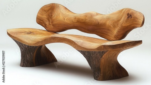 Carved wood bench, unique design, studio shot, interior setting.  Possible use home decor
