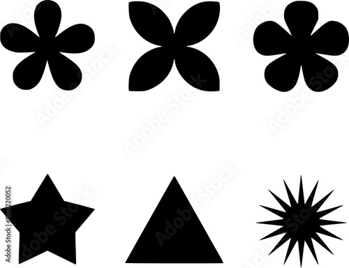 Simple Black Silhouette Shapes of Flowers, Clover, Star, spiked starburst and Triangle