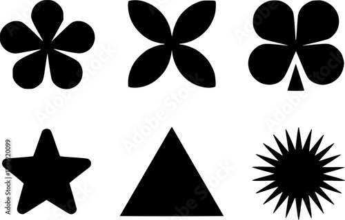 Simple Black Silhouette Shapes of Flowers, Clover, Star, spiked starburst and Triangle