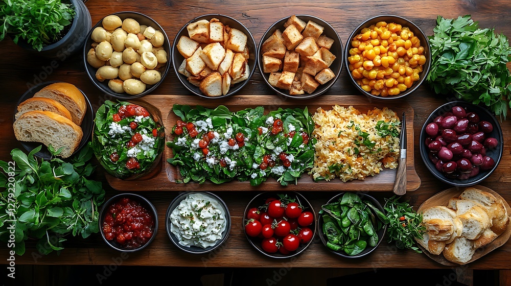 Fototapeta premium Rustic dinner table with a beautifully plated vegetarian meal