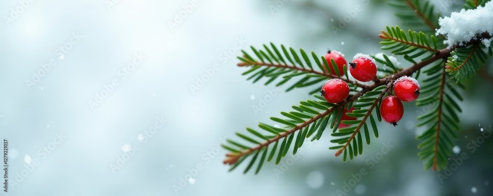 Evergreen branch with bright red berries against a snowy white background, evergreen trees, snowflakes Evergreen branch with bright red berries against a snowy white background, evergreen trees, snowflakes