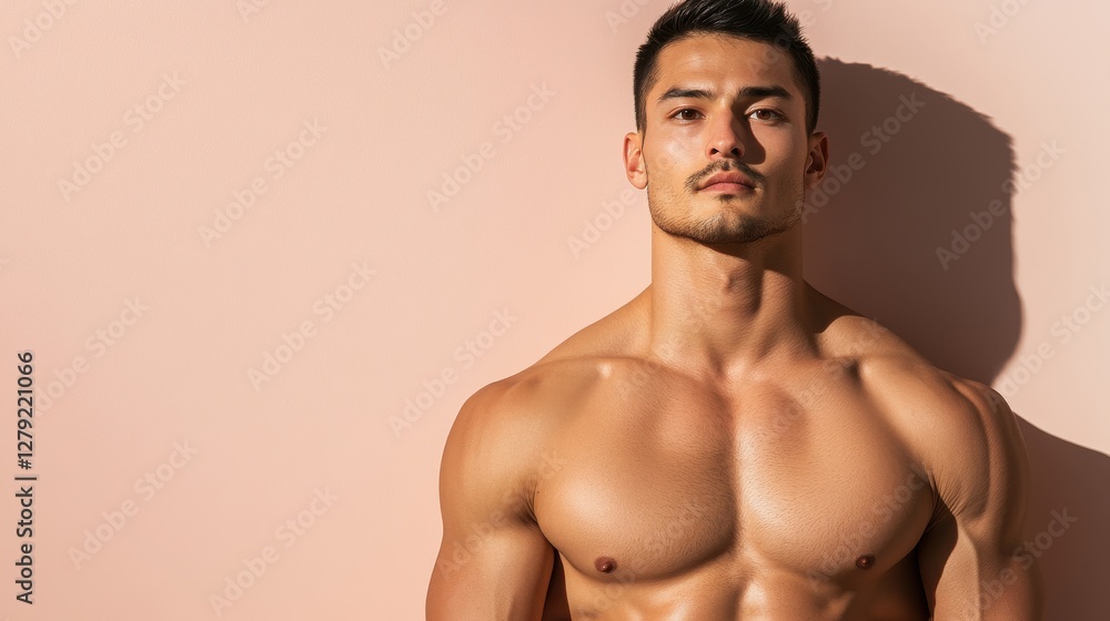 Fototapeta premium Confident Slim Figure with Subtle Muscle Definition in a Close-Up Shot Against a Soft Background