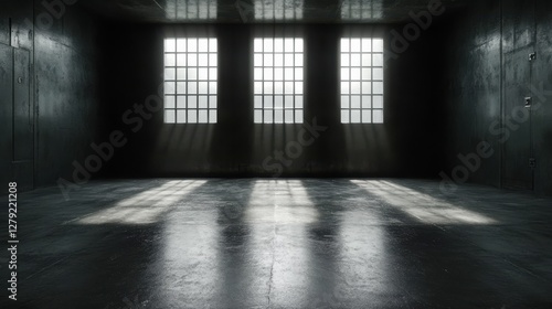 Shadows play in a stark prison cell illuminated by natural light