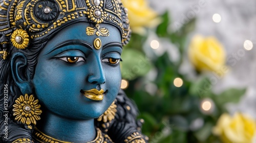 Close up view of a serene blue and gold statue with intricate details, adorned with pearls and set against a blurred background of yellow flowers and photo