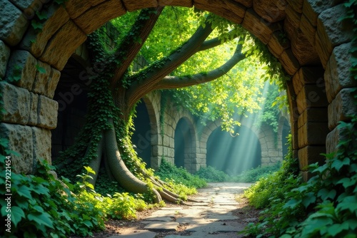 Greenery and vines entwine ancient tree in vault, earthy, greenery, stone