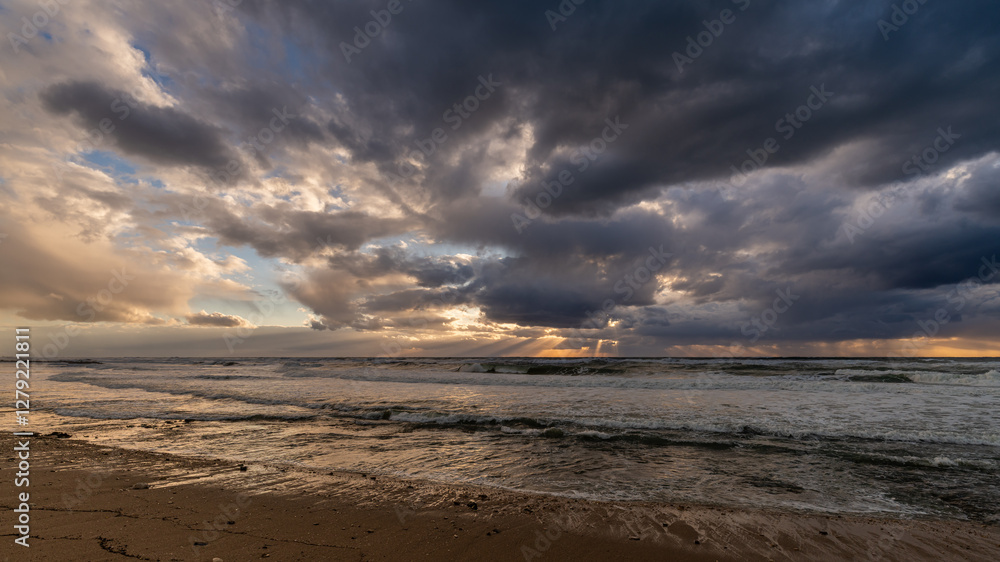 A stormy Mediterranean Sea sunset on the coastline near Haifa, Israel.
A stormy Mediterranean Sea sunset on the coastline near Haifa, Israel.