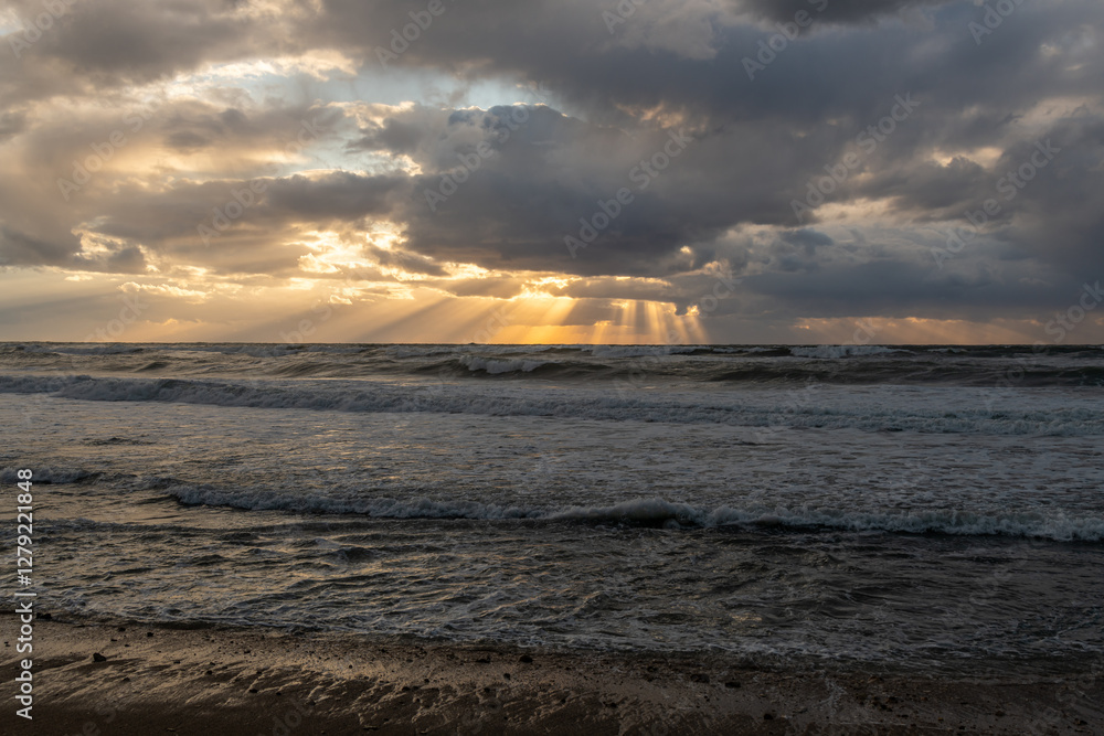 Beautiful Mediterranean Sea with God's rays at sunset at the coastline near Haifa, Israel.
Beautiful Mediterranean Sea with God's rays at sunset at the coastline near Haifa, Israel.
