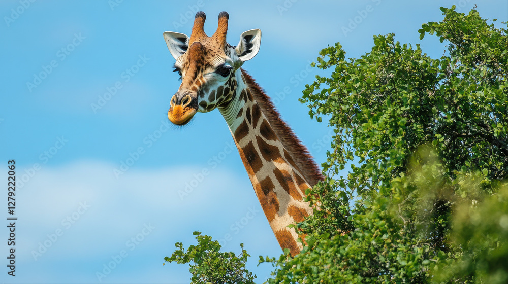 Fototapeta premium tall giraffe peeking through lush green foliage under clear blue sky