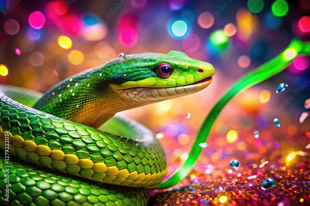 Fototapeta premium Green Snake Party Hat Confetti Long Exposure Photography - Colorful Celebration