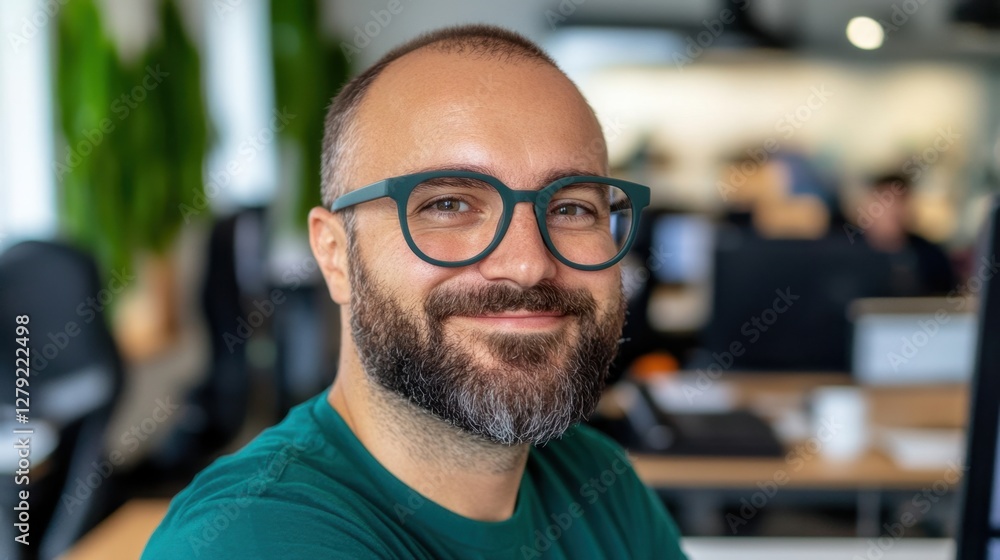 Portrait of a smiling man with a beard and glasses, wearing a dark green shirt, in a modern office setting. Soft, natural lighting illuminates his Portrait of a smiling man with a beard and glasses, wearing a dark green shirt, in a modern office setting. Soft, natural lighting illuminates his