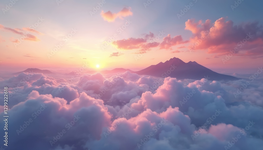 Aerial view of pink sunrise sky with clouds over mountains. Abstract peaceful background with colored cloudscape, sunlight, mountain silhouette. Tranquil heaven atmosphere with warm colors, horizon. Aerial view of pink sunrise sky with clouds over mountains. Abstract peaceful background with colored cloudscape, sunlight, mountain silhouette. Tranquil heaven atmosphere with warm colors, horizon.