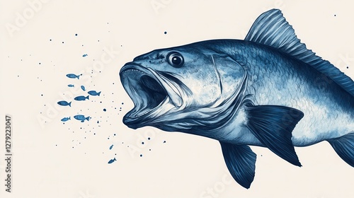 Hand-Drawn Sketch of a Menacing Big Fish with an Open Mouth Targeting a School of Small Fish in Detailed Artistic Representation photo