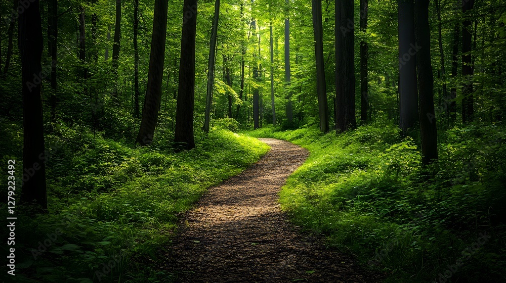 Fototapeta premium Tranquil Forest Pathway Embraced by Lush Greenery for Eco-Tourism Adventures – Generative AI