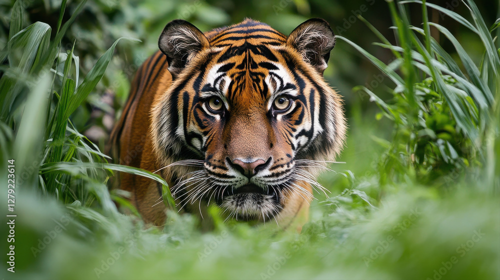 Obraz premium tiger prowling through tall grass in jungle, showcasing its striking features and intense gaze