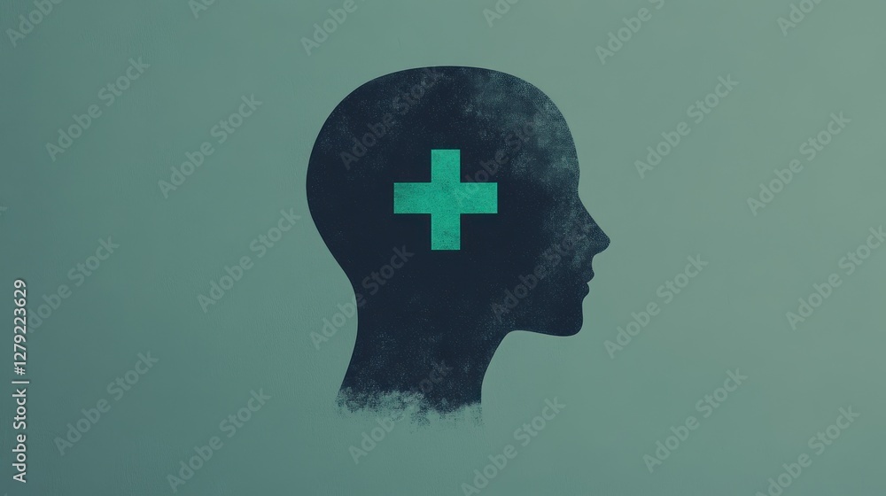 Obraz premium Bright Green Plus Icon Centered in Silhouette of Head Symbolizing Mental Positivity in Vector Style for Wellness and Health Themes