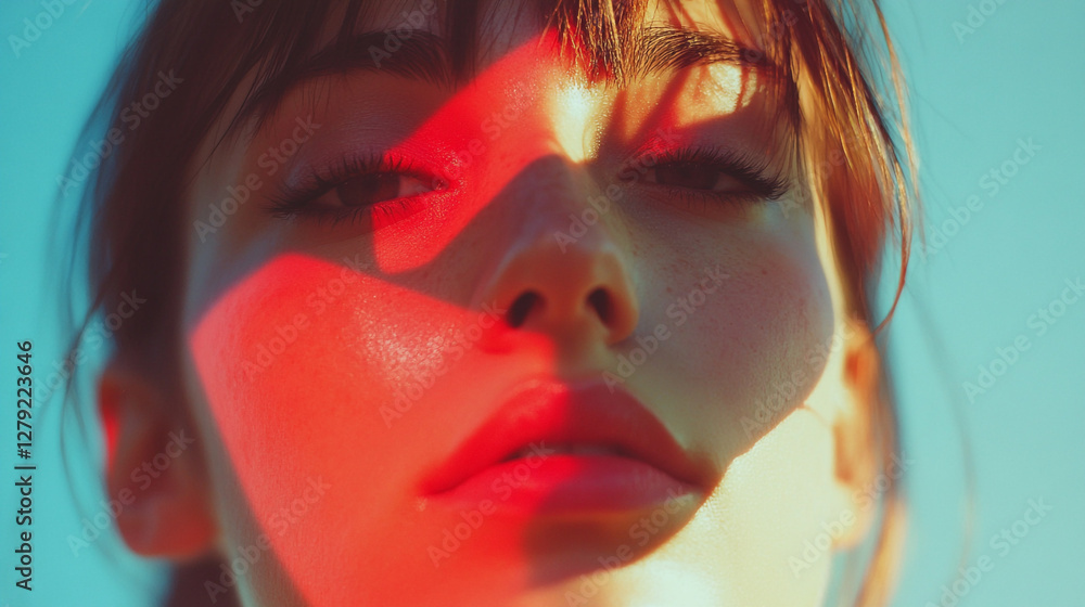 Fototapeta premium Close-up portrait of a woman with vibrant colors in natural light during sunset