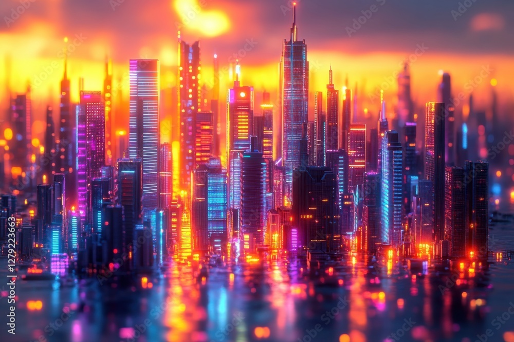 Neon Cityscape at Sunset: Futuristic Metropolis Reflection Neon Cityscape at Sunset: Futuristic Metropolis Reflection