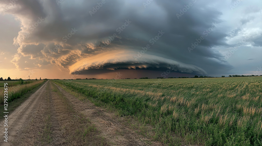 dramatic tornado forming in distance, surrounded by dark storm clouds and golden fields, creates breathtaking yet ominous scene
