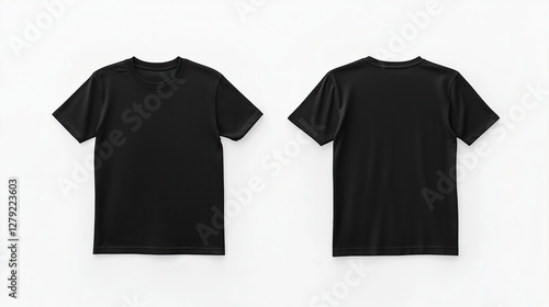 Black T-Shirt flat lay, front and back view, clean white background, studio lighting setup