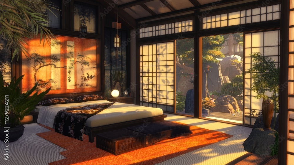 Serene Bedroom With Panoramic Windows Overlooking a Sunset at a Coastal Retreat Creating a Warm and Inviting Atmosphere Serene Bedroom With Panoramic Windows Overlooking a Sunset at a Coastal Retreat Creating a Warm and Inviting Atmosphere