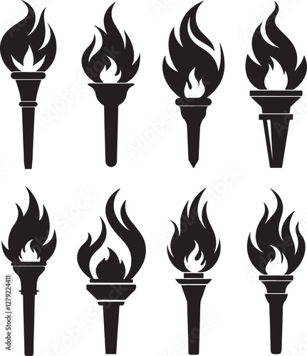 set of fire torch silhouette, black and white silhouette, vector and illustration