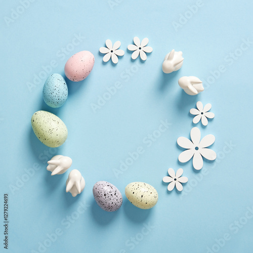 Minimalist Easter frame with white bunnies, colored eggs and wooden flowers on a blue background. Space for your text.