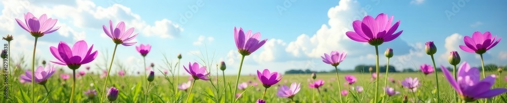 Purple cornflower petals swaying gently in the breeze, clouds, meadow, fields Purple cornflower petals swaying gently in the breeze, clouds, meadow, fields