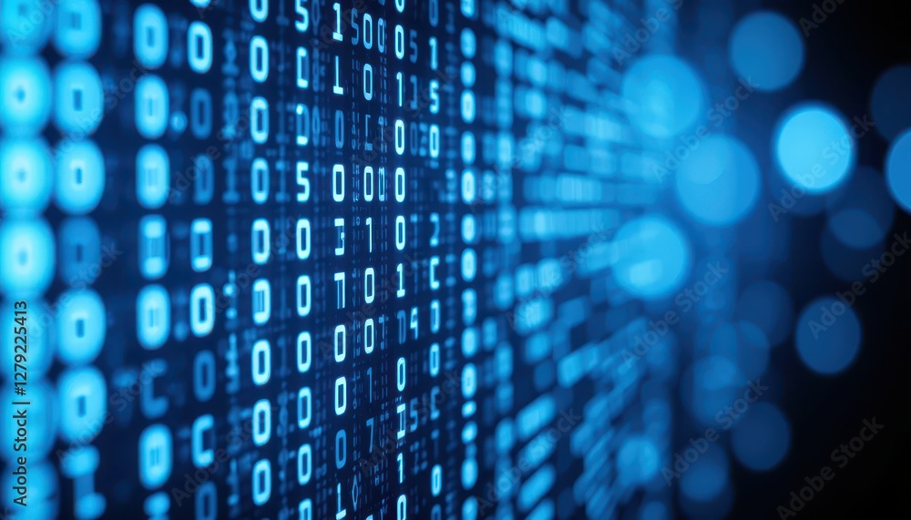 Digital Binary Data Stream with Glowing Blue Lights and Depth Effect Digital Binary Data Stream with Glowing Blue Lights and Depth Effect
