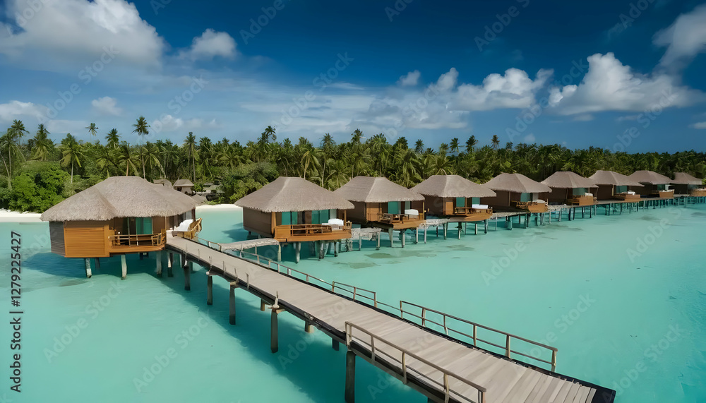 Tropical overwater bungalows on a turquoise lagoon Tropical overwater bungalows on a turquoise lagoon
