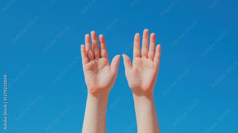 Two hands raised high against a vibrant blue sky. The image is bright, cheerful, and evokes a sense of freedom or hope. The hands appear to belong to Two hands raised high against a vibrant blue sky. The image is bright, cheerful, and evokes a sense of freedom or hope. The hands appear to belong to