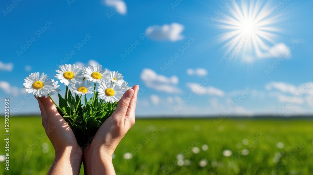 Two hands gently cradling a bouquet of white flowers against a vibrant green field under a bright sunny sky. The image evokes feelings of peace Two hands gently cradling a bouquet of white flowers against a vibrant green field under a bright sunny sky. The image evokes feelings of peace