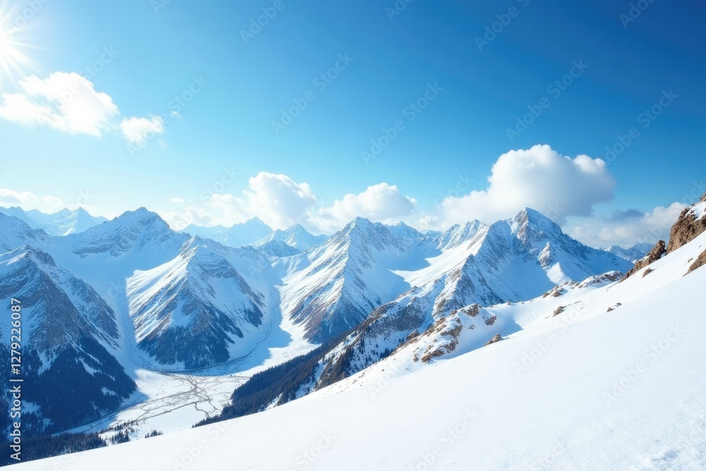 Serene mountain slopes covered in white snow beneath a bright blue sky with scattered clouds, snow, landscape Serene mountain slopes covered in white snow beneath a bright blue sky with scattered clouds, snow, landscape