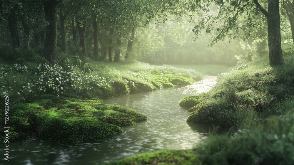 tranquil mossy bank along gentle stream in quiet forest, evoking peace and serenity tranquil mossy bank along gentle stream in quiet forest, evoking peace and serenity