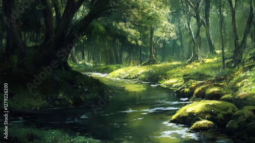 tranquil mossy bank along gentle stream in quiet forest, surrounded by lush greenery and sunlight filtering through trees