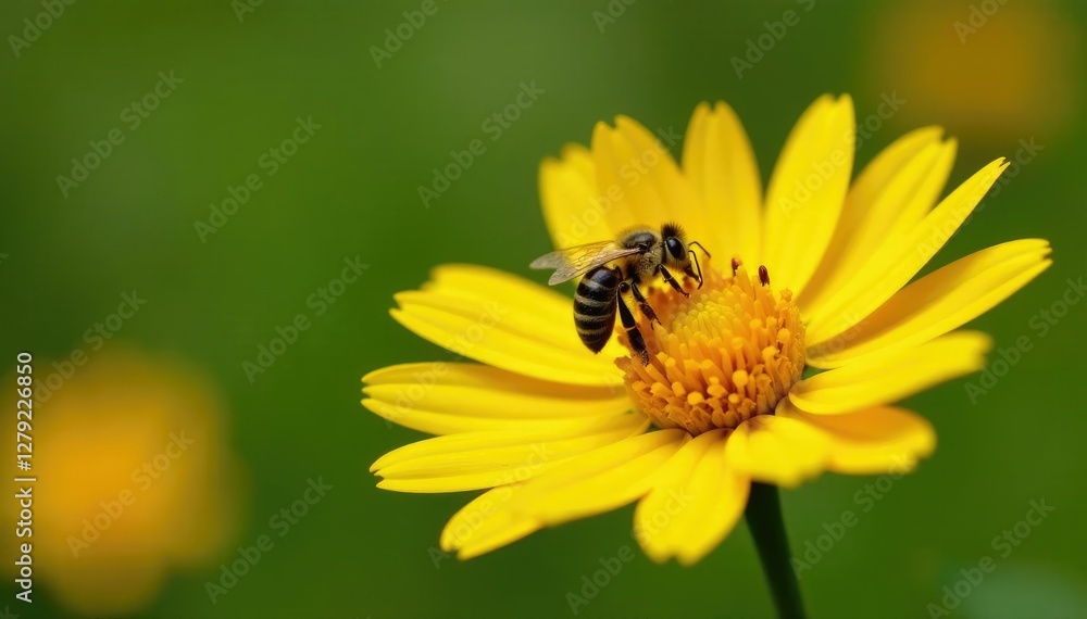 Small bee collects yellow pollen from tall flower, garden, insects, yellow Small bee collects yellow pollen from tall flower, garden, insects, yellow